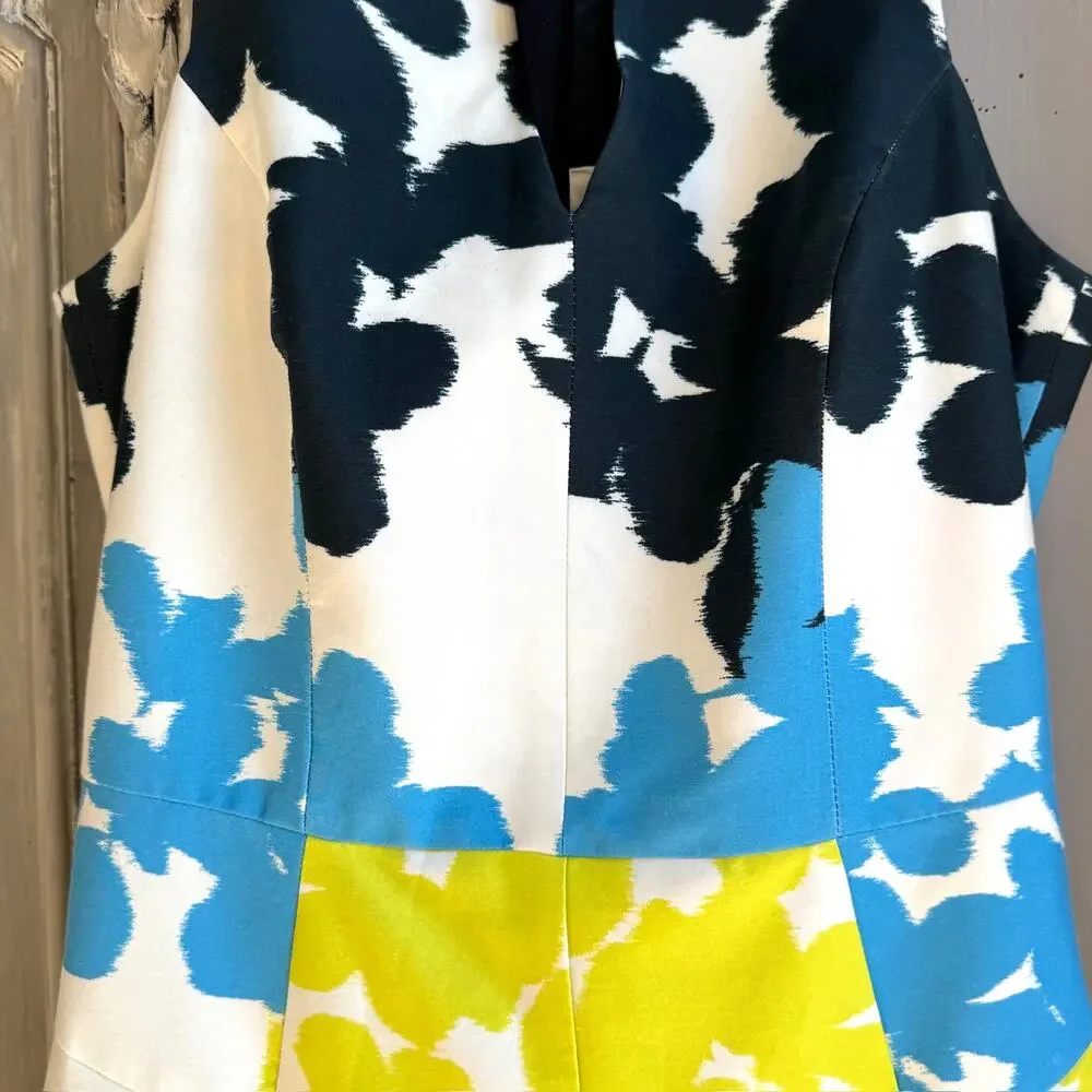 Milly Floral Split Neck Racerback Pleated Minidress Blue Yellow Size 6 - Picture 7 of 16